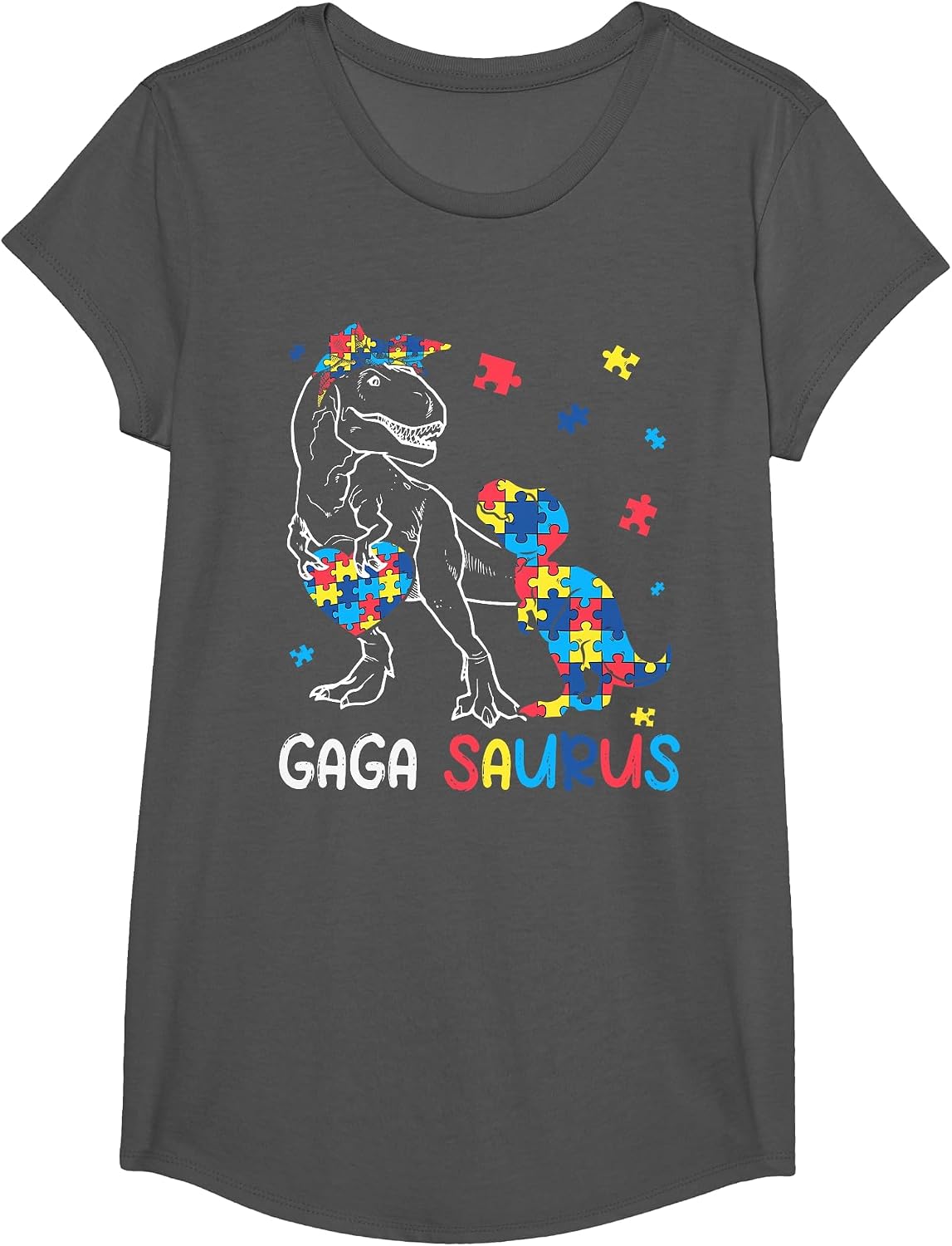 Gaga Saurus Autism Awareness Autistic Dinosaur Family T-Shirt - Girls Asphalt Grey