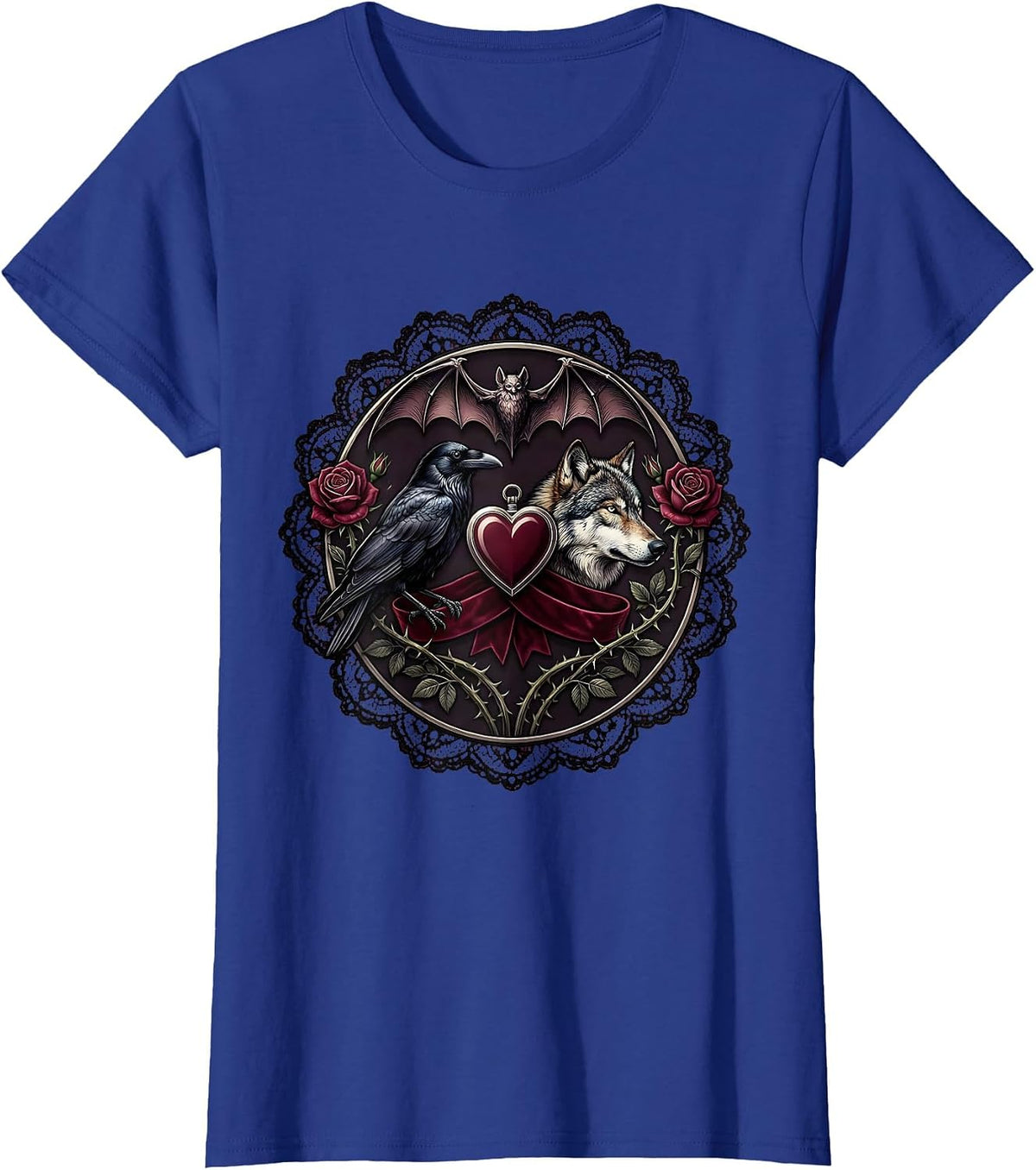 Women's Crow and Wolf Side by Side Wildlife Art Design T-Shirt - Royal Blue