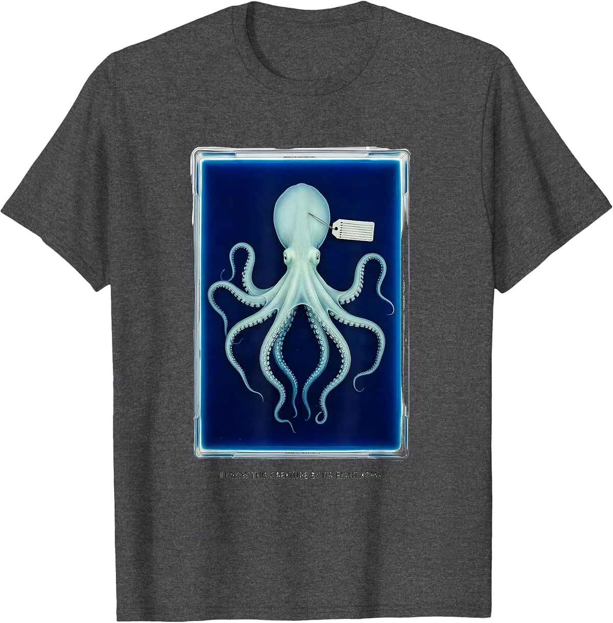 I Know This Creature By Its Eight Arms Cyanotype Octopus T-Shirt - Dark Heather Grey
