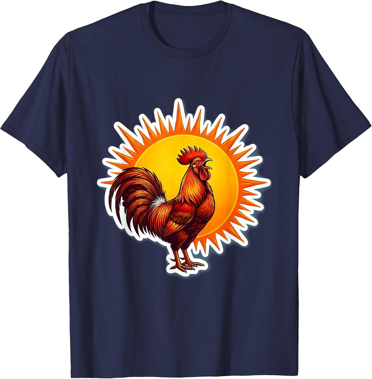 Men's Rooster Crowing at Rising Sun Graphic Design T-Shirt - Navy Blue