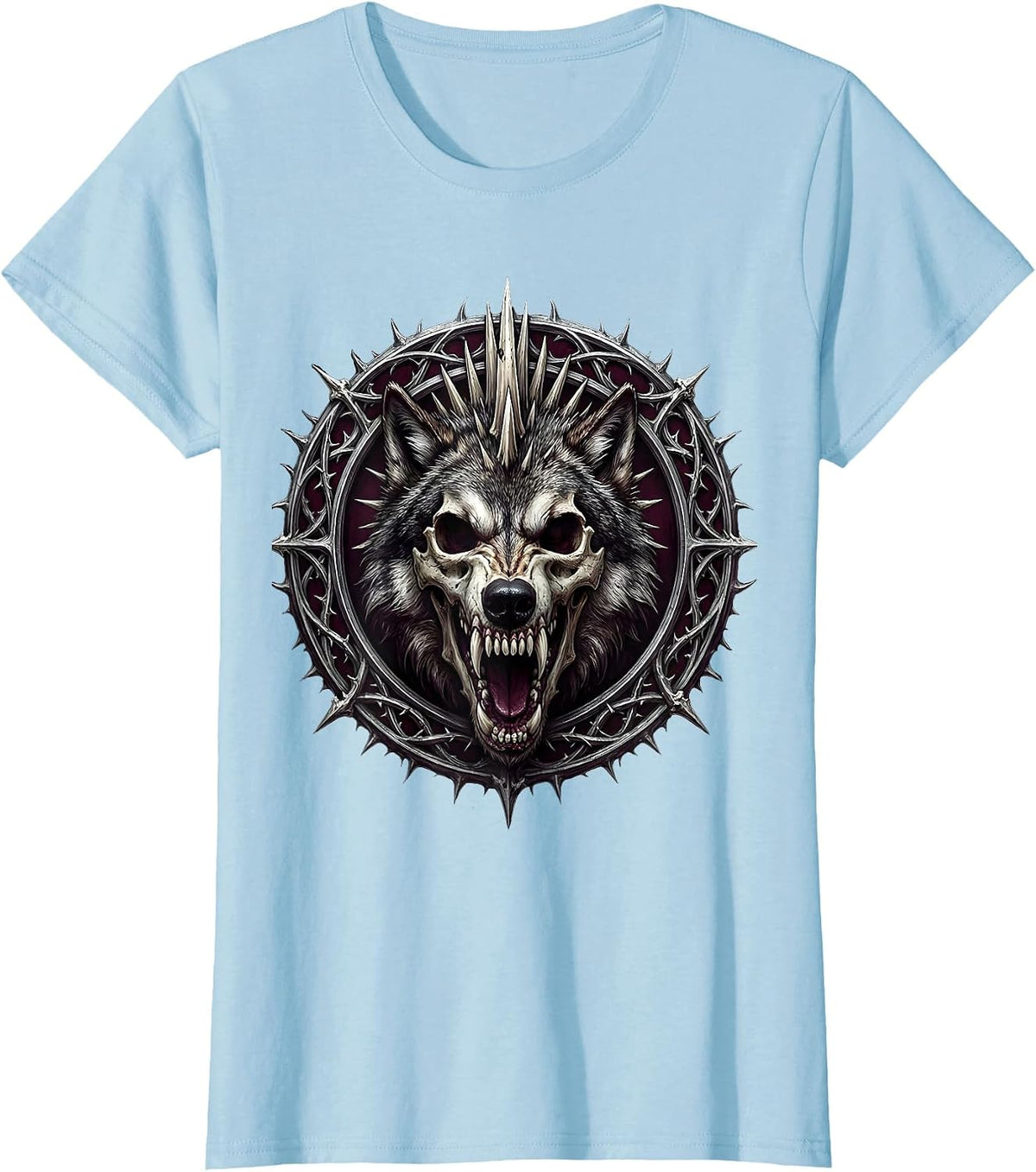 Women's Grunge Wolf Skull Mohawk Snarl Graphic T-Shirt - Baby Blue