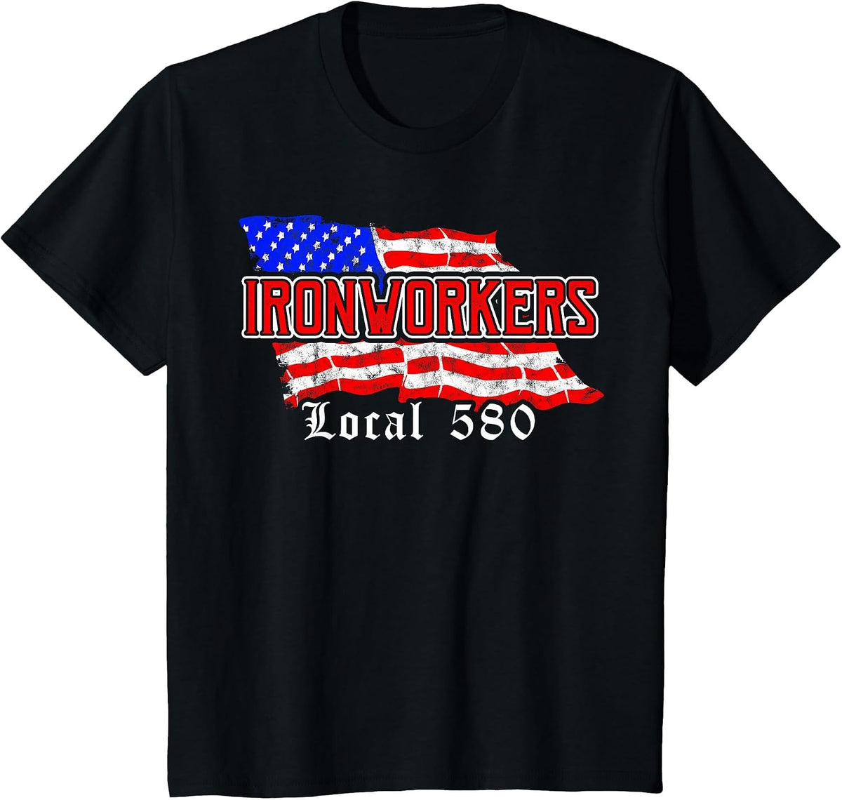 Ironworkers Local 580 NYC American Flag T-Shirt Patriotic Tees - Black