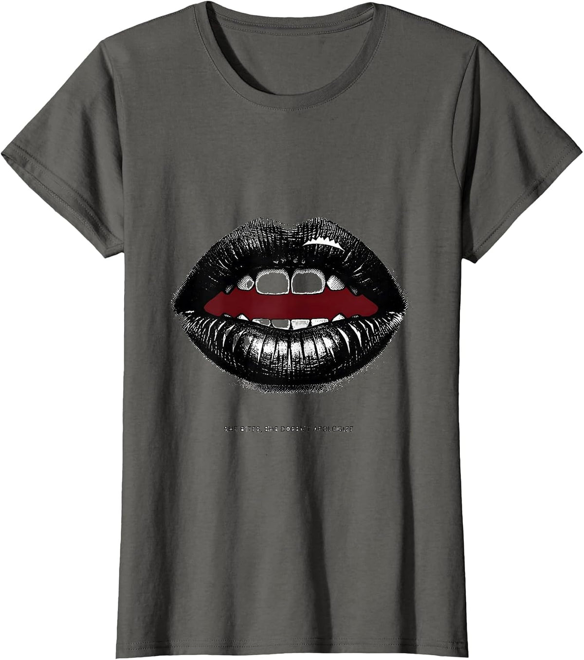 Women's She Bites, She Doesn't Apologize Flirty Romance Sexy Gift T-Shirt - Asphalt Grey
