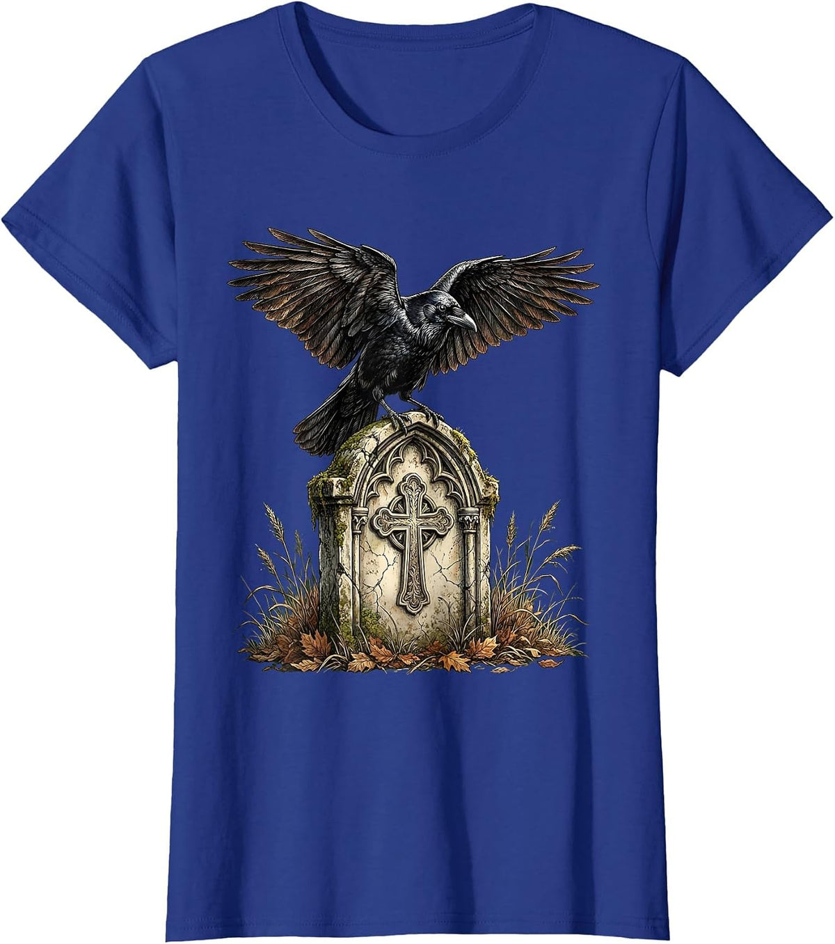 Women's Gothic Crow on Gravestone Halloween Design T-Shirt - Royal Blue