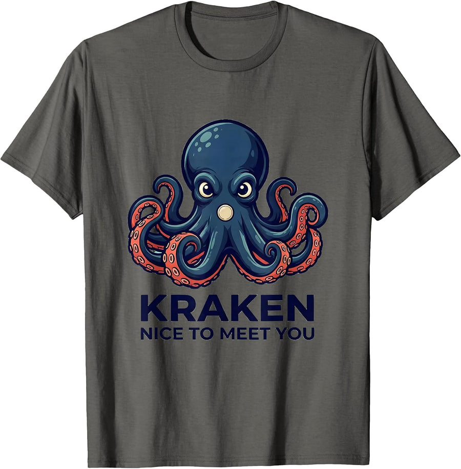 Kraken Nice To Meet You Playful Octopus Lover Mascot Logo T-Shirt - Asphalt Grey