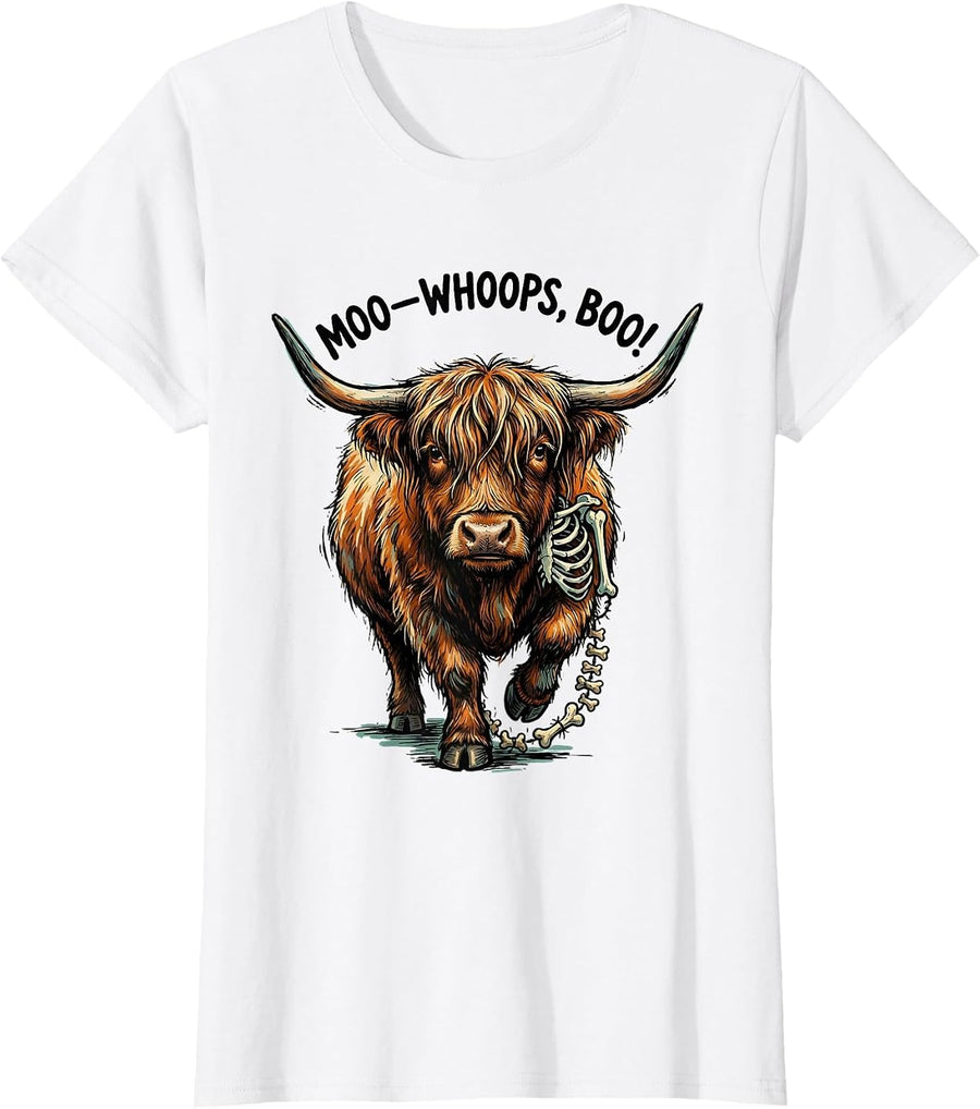 Women's Moo—Whoops, Boo! Whimsical Highland Cow Halloween Humor T-Shirt - White
