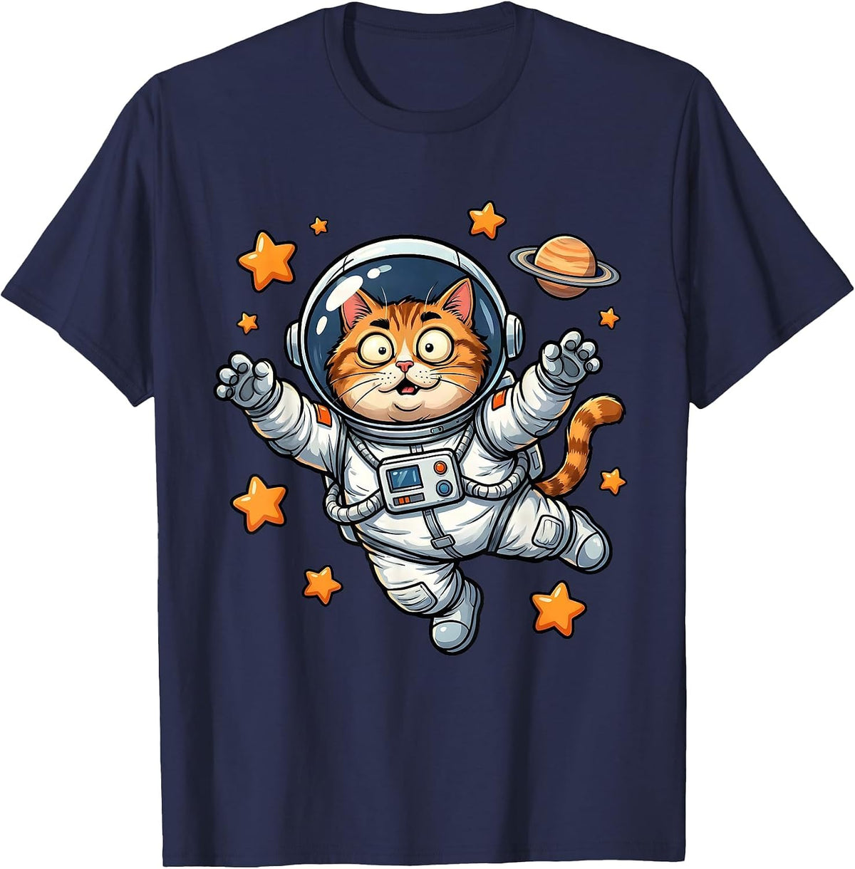 Men's Space Cat Astronaut Helmet Floating Galaxy Design T-Shirt - Navy Blue