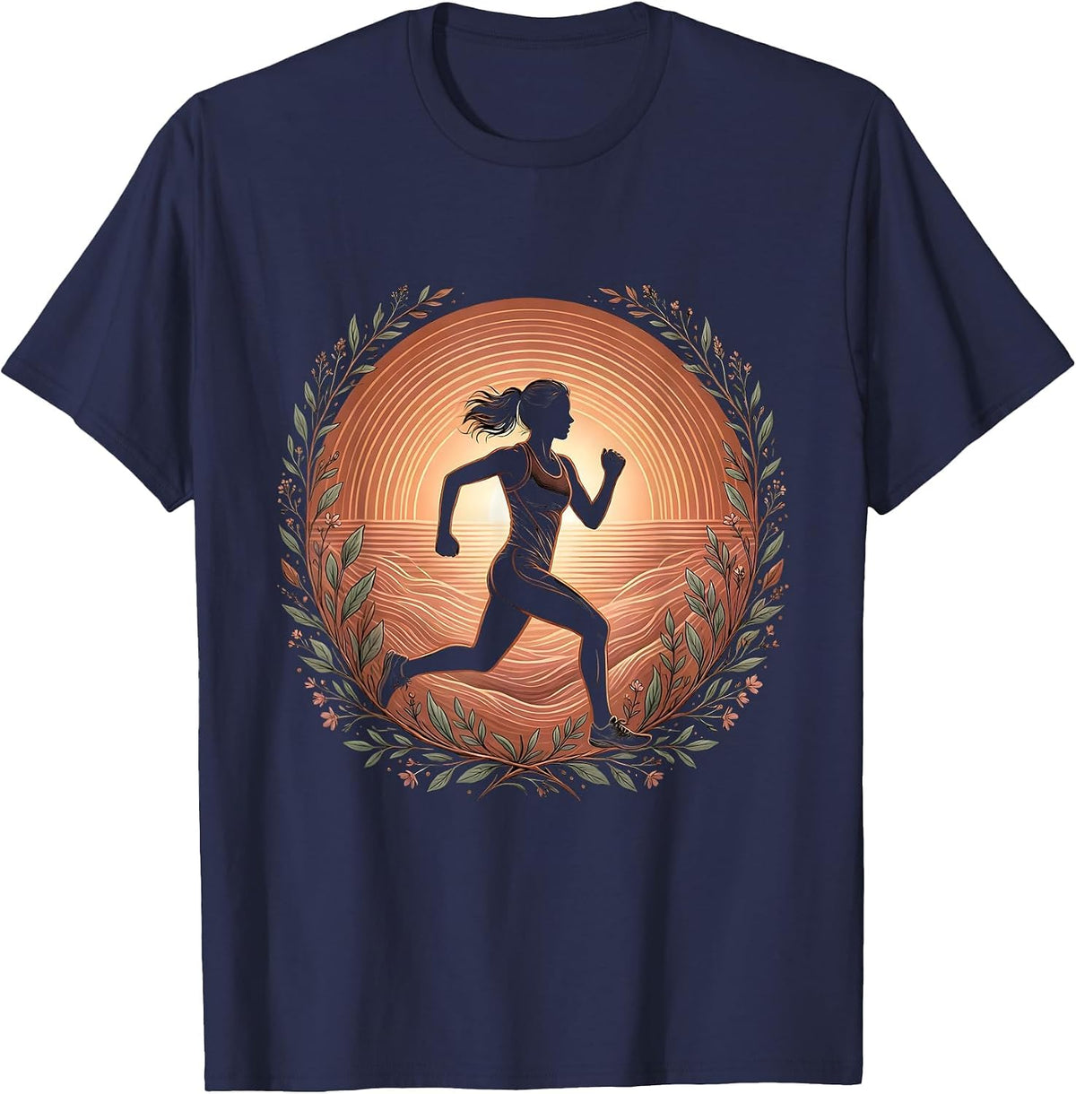 Men's Runner Silhouette Sunrise Burst Athleisure Design T-Shirt - Navy Blue