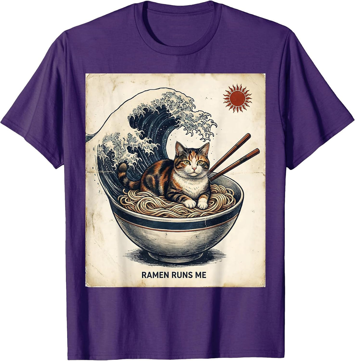 Men's Ramen Runs Me Vintage Anime Cat Novelty Humor T-Shirt - Purple