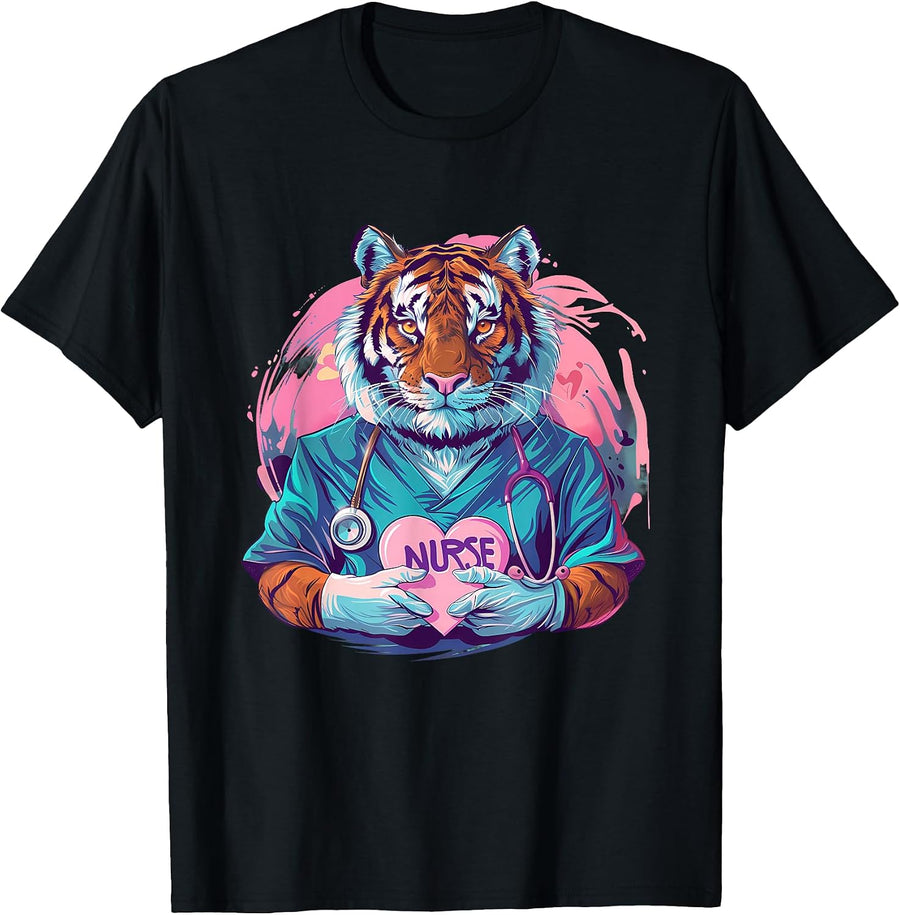 Doctor Tiger Healthcare Nursing Stethoscope Nurse Tiger T-Shirt, Men, Black, Small - As Pictured