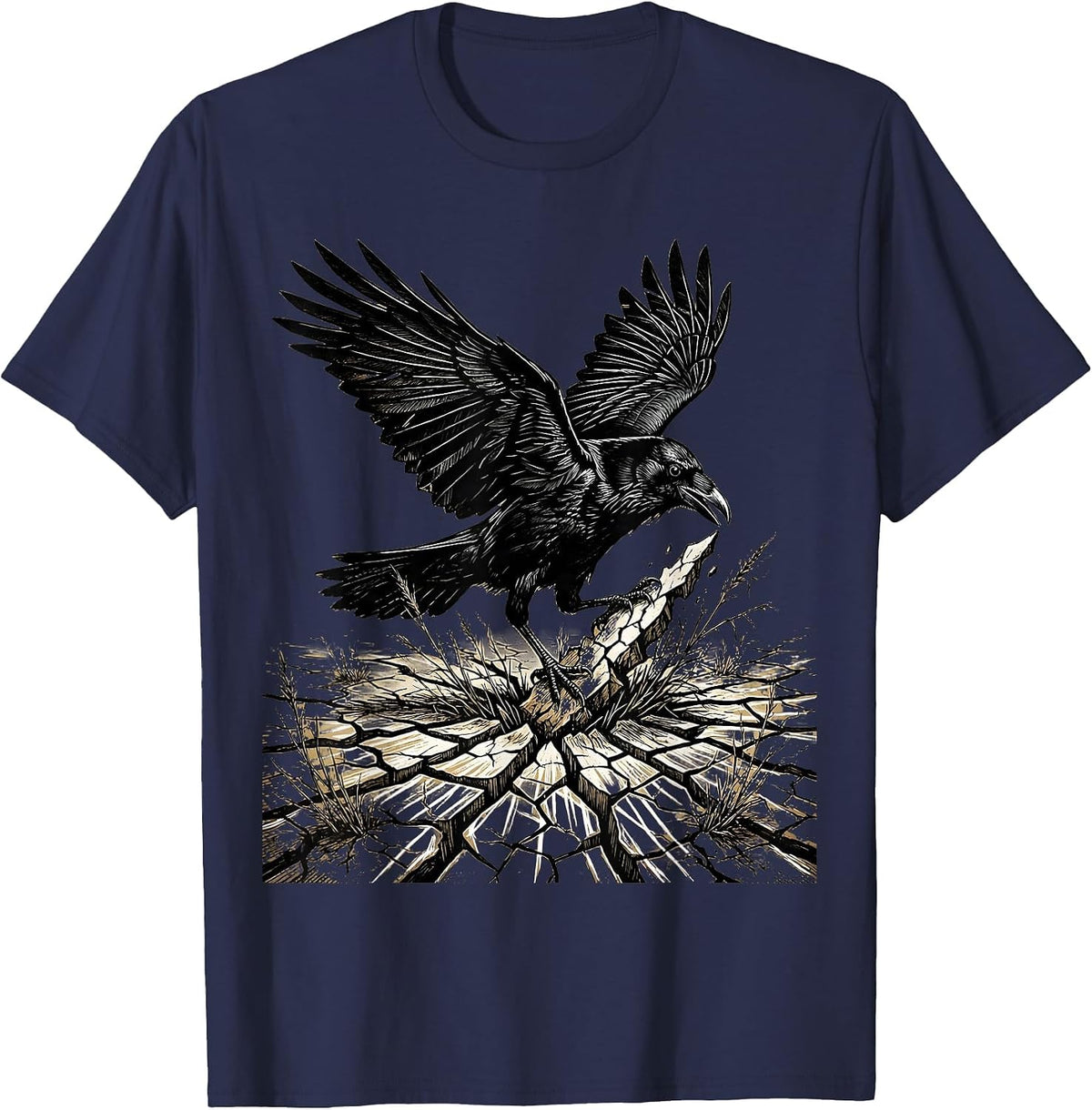 Crow Over Cracked Earth Dead Grass Illustration T-Shirt - Navy Blue