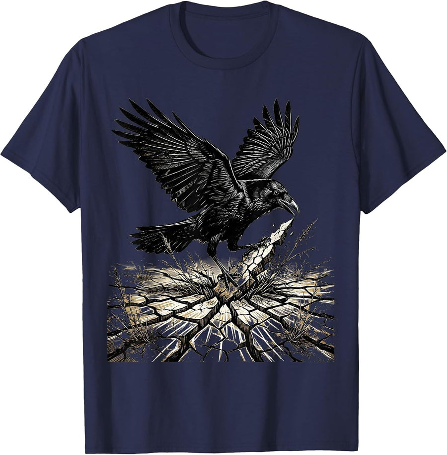 Crow Over Cracked Earth Dead Grass Illustration T-Shirt - Navy Blue