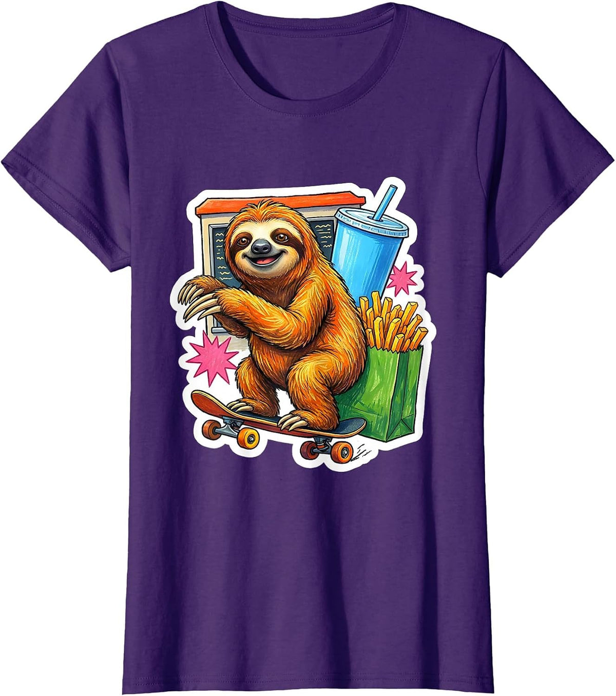 Women's Lazy Sloth Fast Food Drive-Through Skateboard T-Shirt - Purple