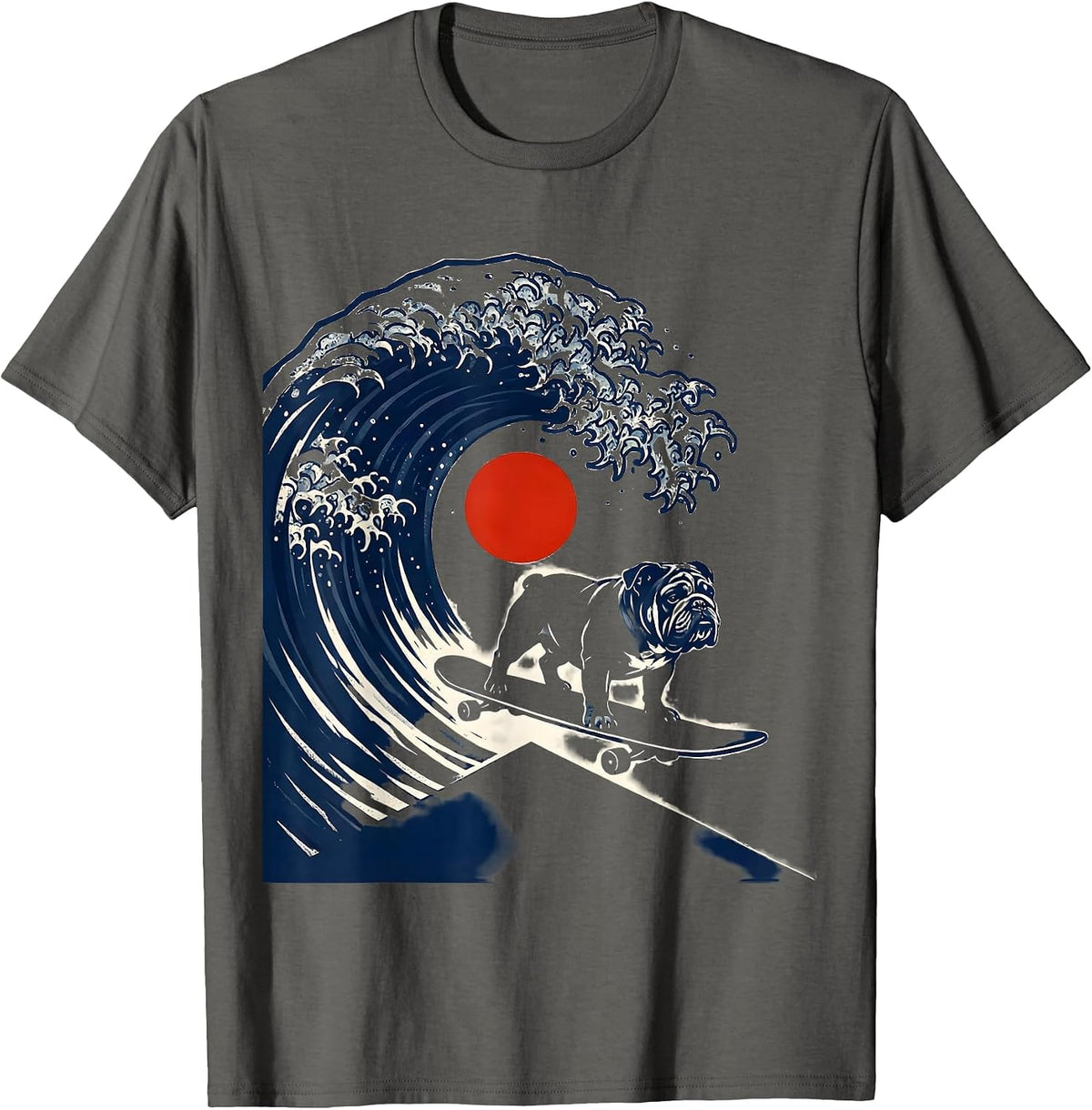 English Bulldog Japanese Kanagawa Wave Surfing Dog Breed T-Shirt - Asphalt Grey