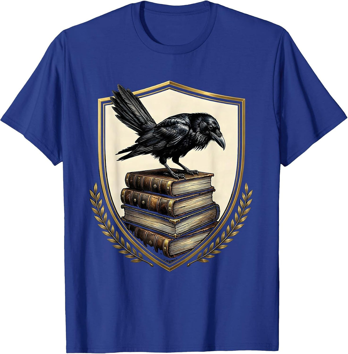 Men's Crow on Stacked Old Leather Books Illustration T-Shirt - Royal Blue