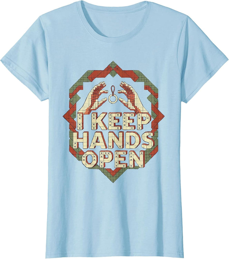 Women's I Keep Hands Open Retro Cross Stitch Sampler Kindness T-Shirt - Baby Blue