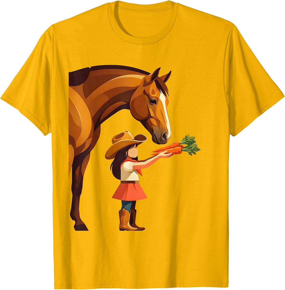 Cowgirl Feeding Horse Carrots Graphic Tee T-Shirt - Golden Yellow