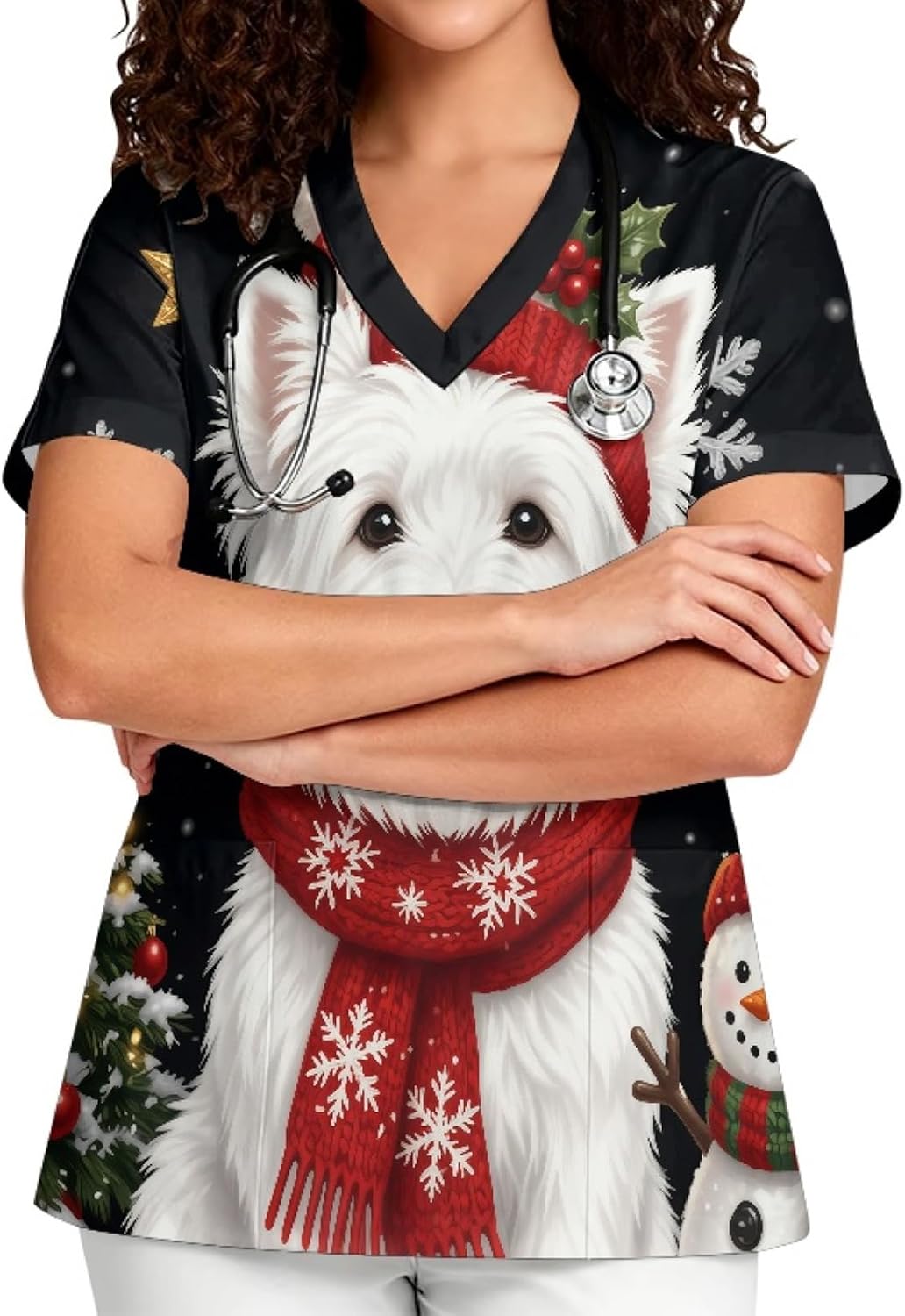 Printed Scrub Top for Women, V Neck Stretch Plus Size Work Uniform - Black - Christmas Cute Dog & Snowflake Print