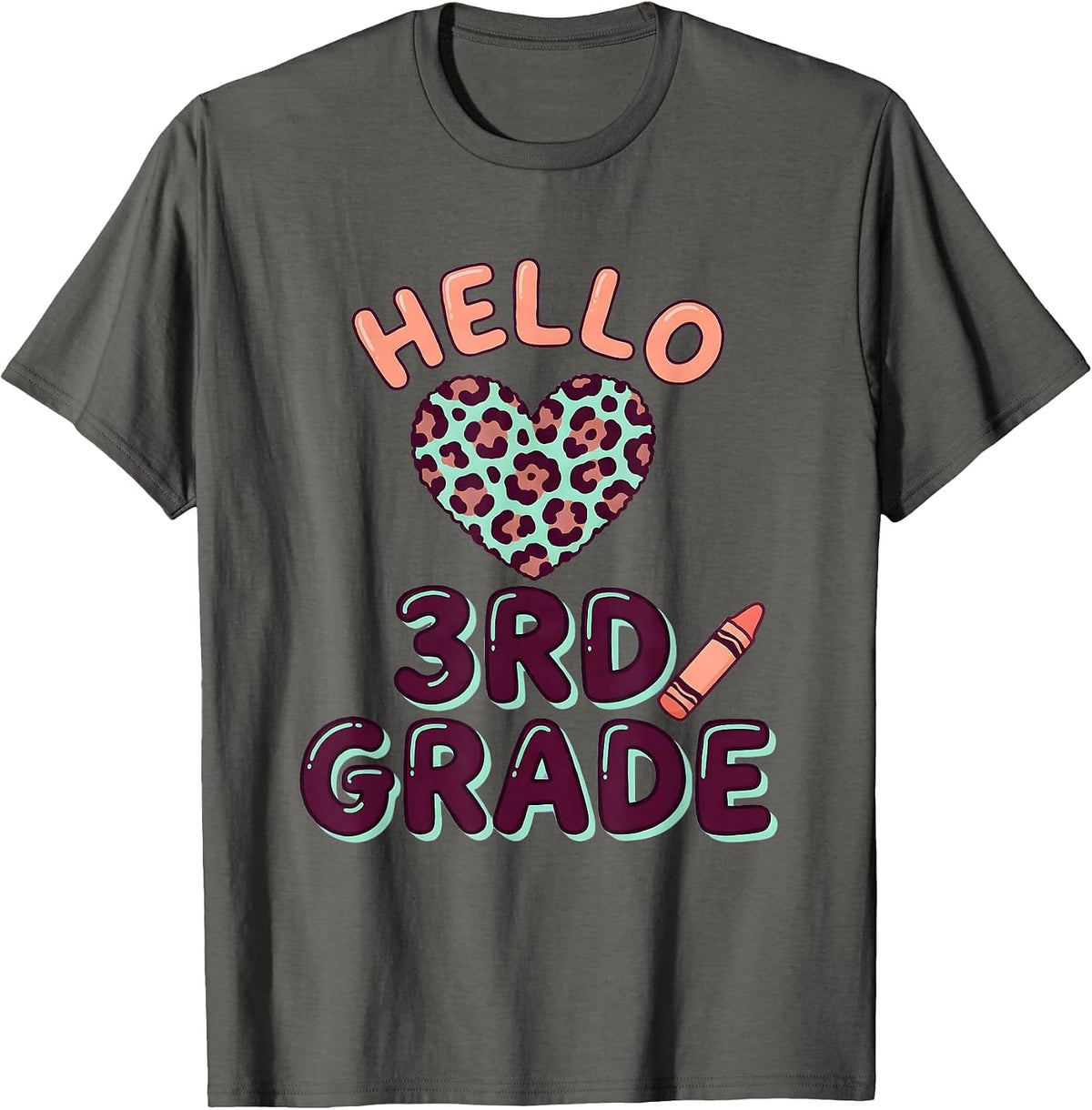 Hello 3rd Grade Cute Kawaii Leopard Heart Back To School T-Shirt - Asphalt Grey