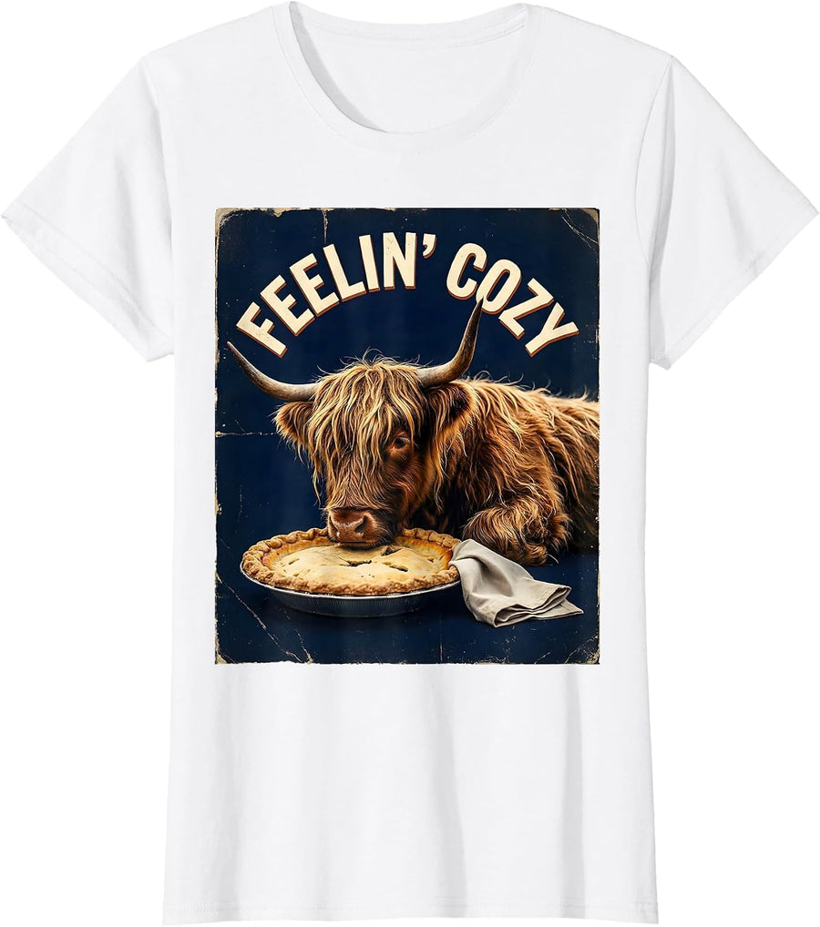 Women's Feelin Cozy Vintage Highland Cow Thanksgiving Gratitude T-Shirt - White