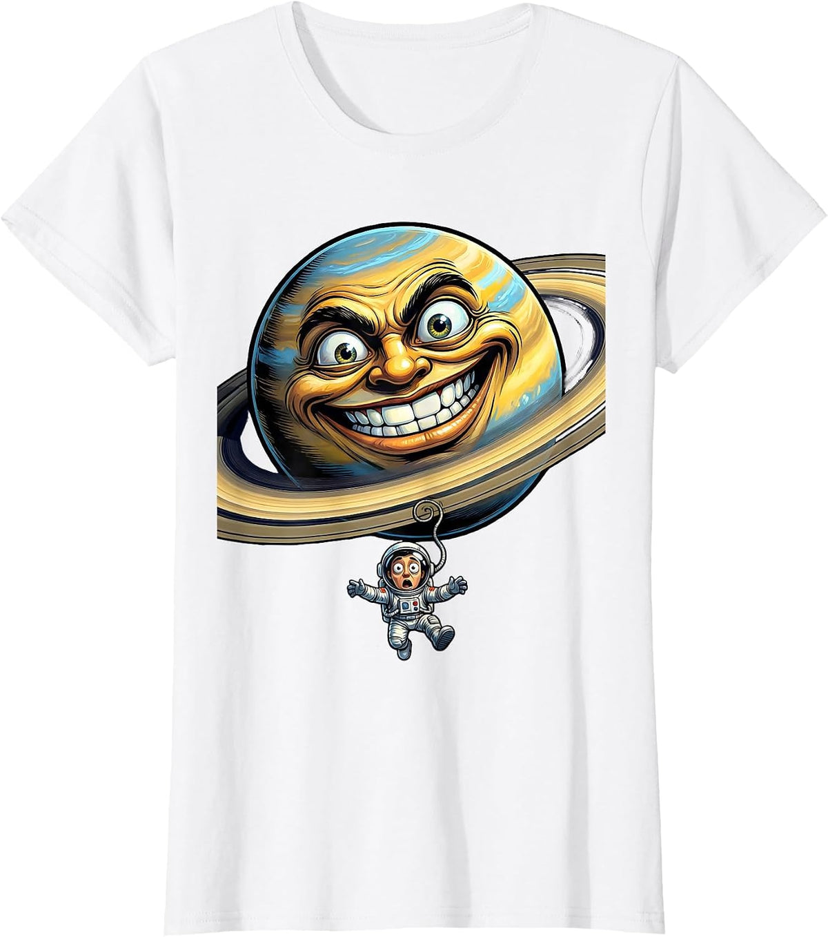 Tiny Astronaut Floating Near Huge Planet Design T-Shirt - White