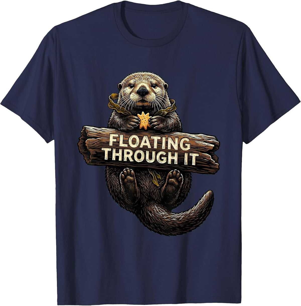 Floating Through It Linocut Sea Otter Humor Gift T-Shirt - Navy Blue
