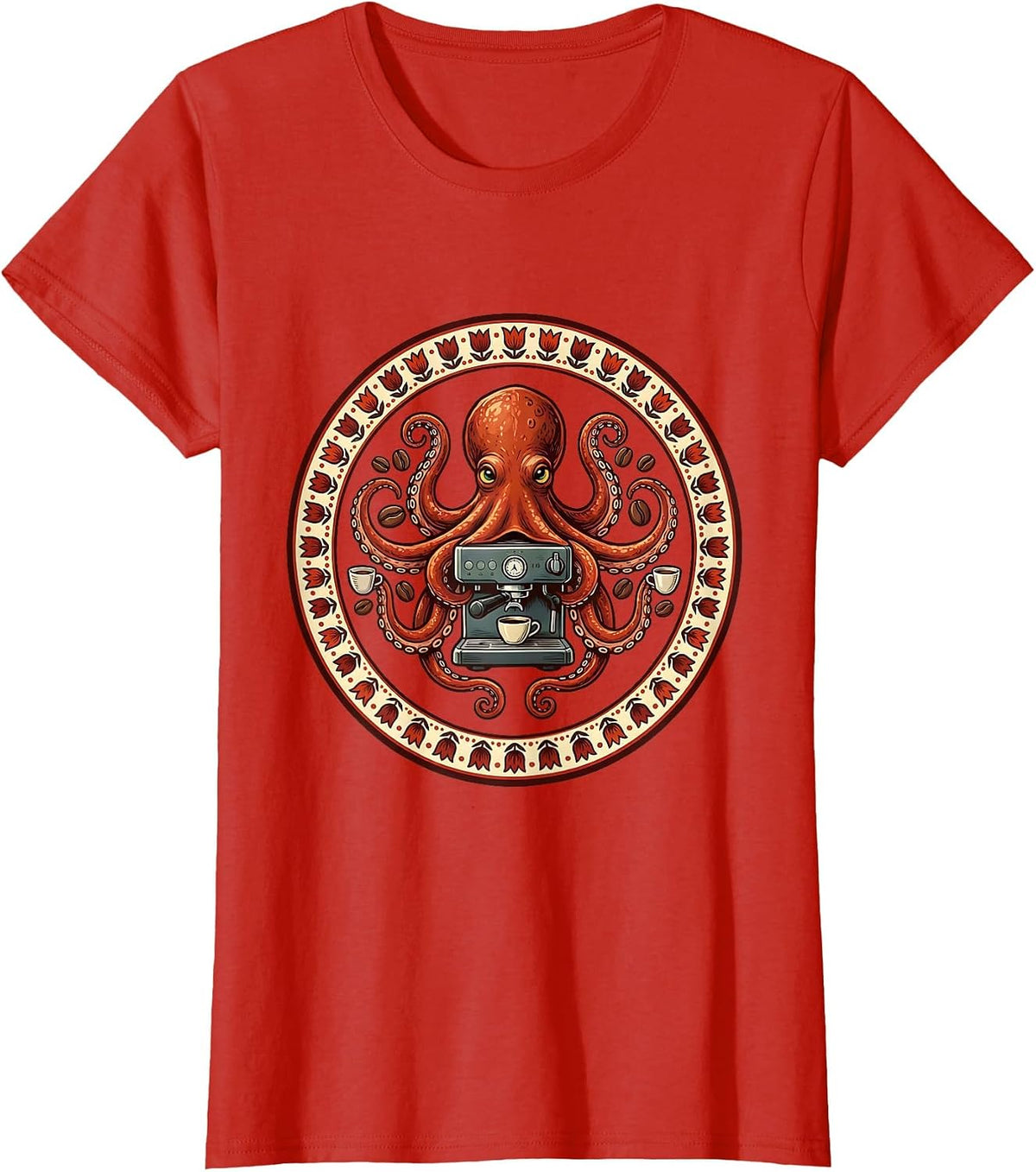 Women's Octopus Barista Espresso Machine Coffee Art T-Shirt - Red