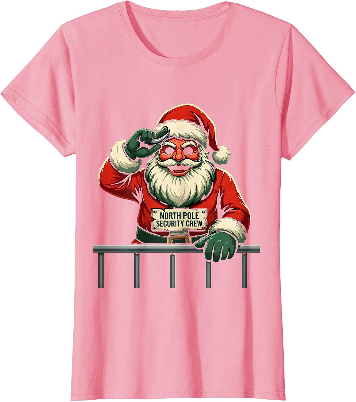 Women's North Pole Security Crew Funny Heavy Metal Christmas Rocker T-Shirt - Pink