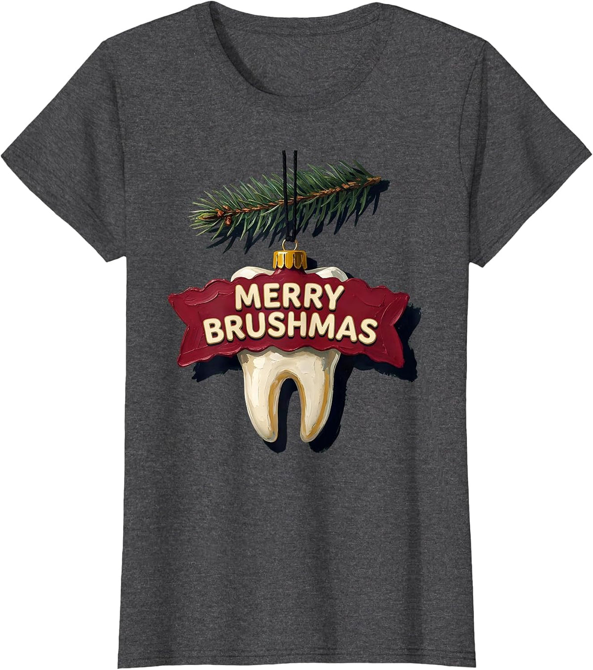 Women's Merry Brushmas Funny Dental Christmas Dentist Hygienist Gift T-Shirt - Dark Heather Grey