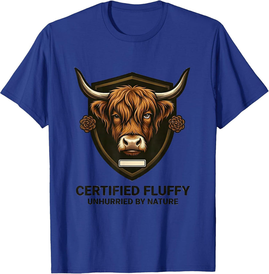 Certified Fluffy, Unhurried By Nature Cute Highland Cow T-Shirt - Royal Blue