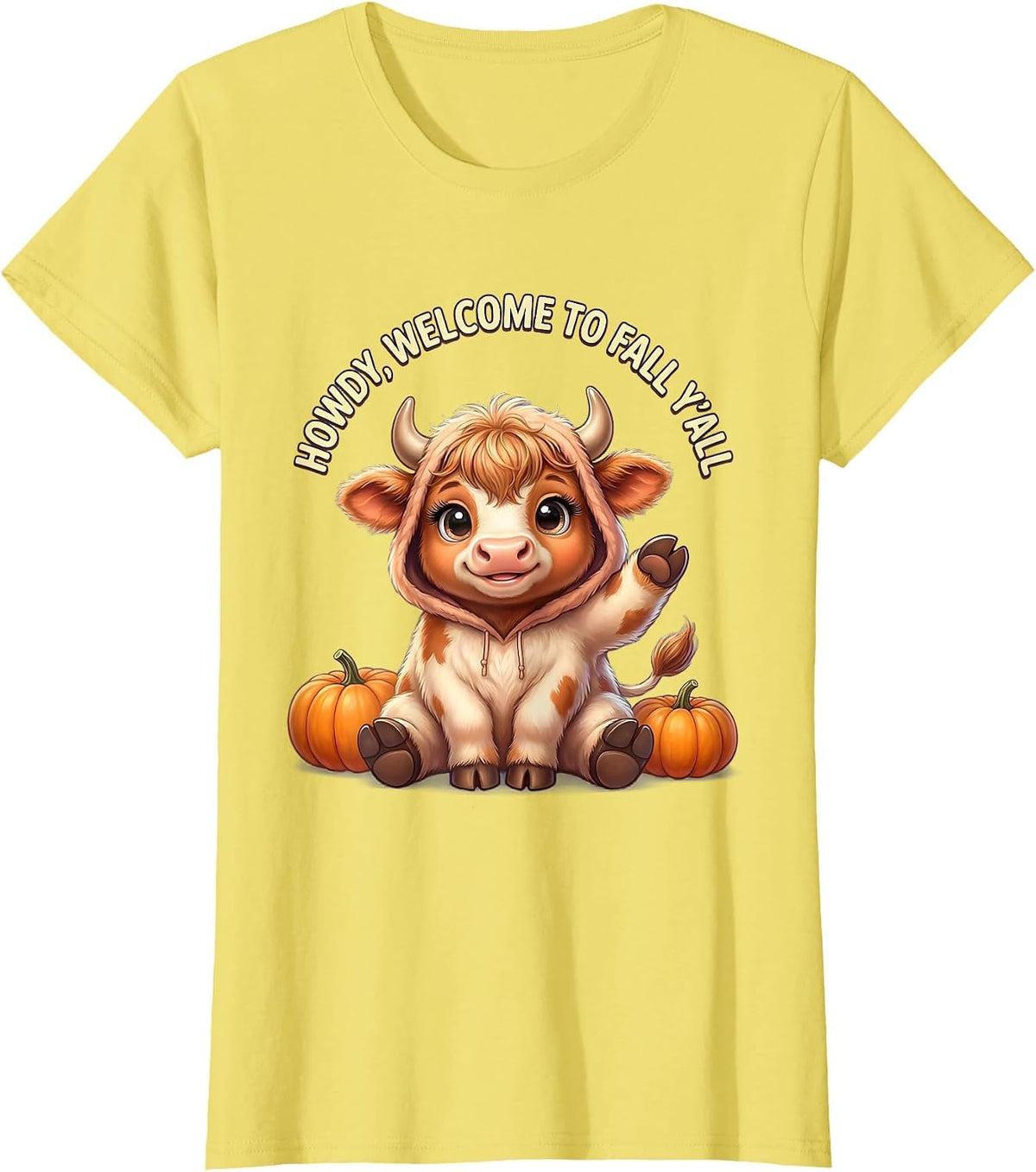 Women's Howdy, Welcome To Fall Y'All Cute Kawaii Highland Cow T-Shirt - Lemon Yellow