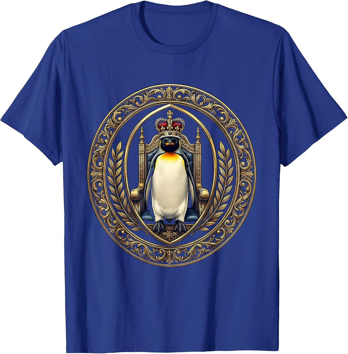 Men's Royal Penguin King Seated on Throne Illustration T-Shirt - Royal Blue