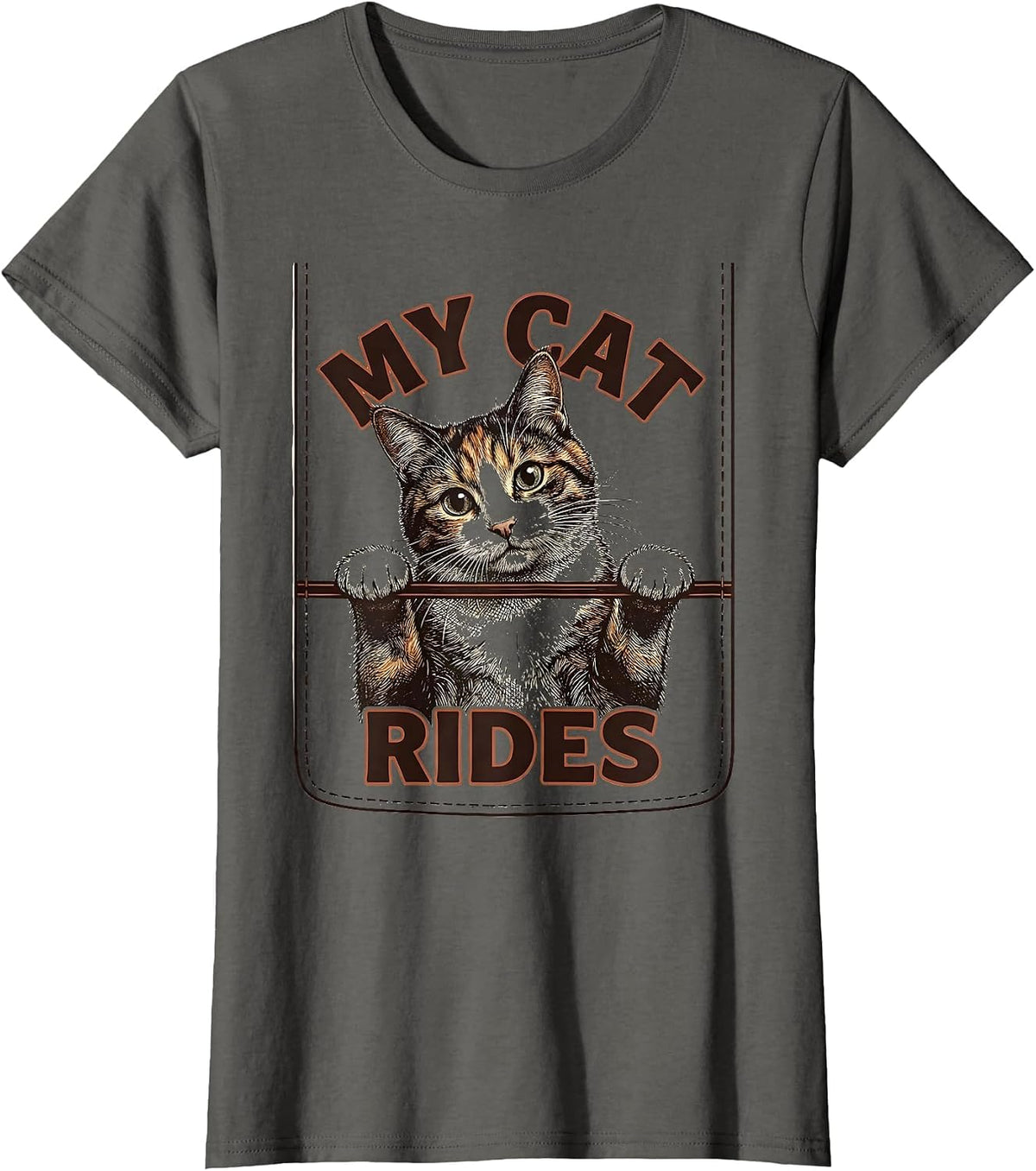Women's My Cat Rides Funny Cat Lover Pet Portrait Casual Wear T-Shirt - Asphalt Grey
