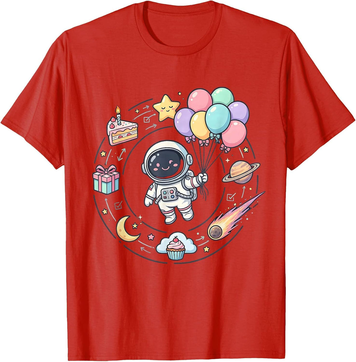 Men's Astronaut Birthday Balloons Space Illustration T-Shirt - Red