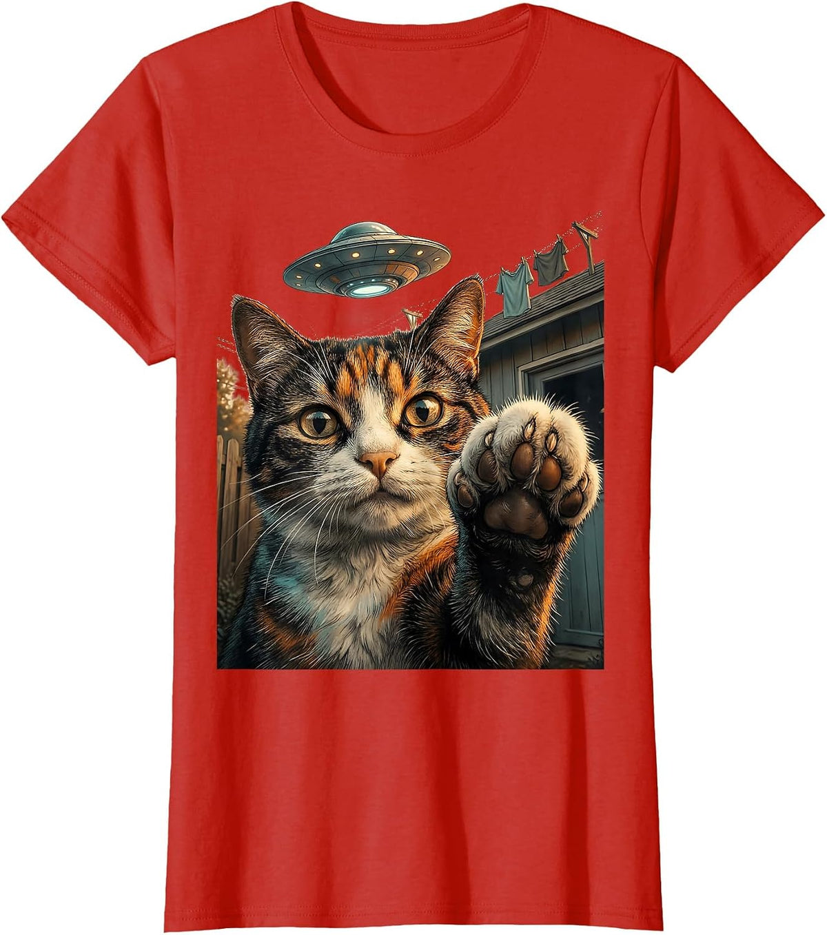 Women's Startled Cat UFO Selfie Funny Cat Lover Gift T-Shirt - Red