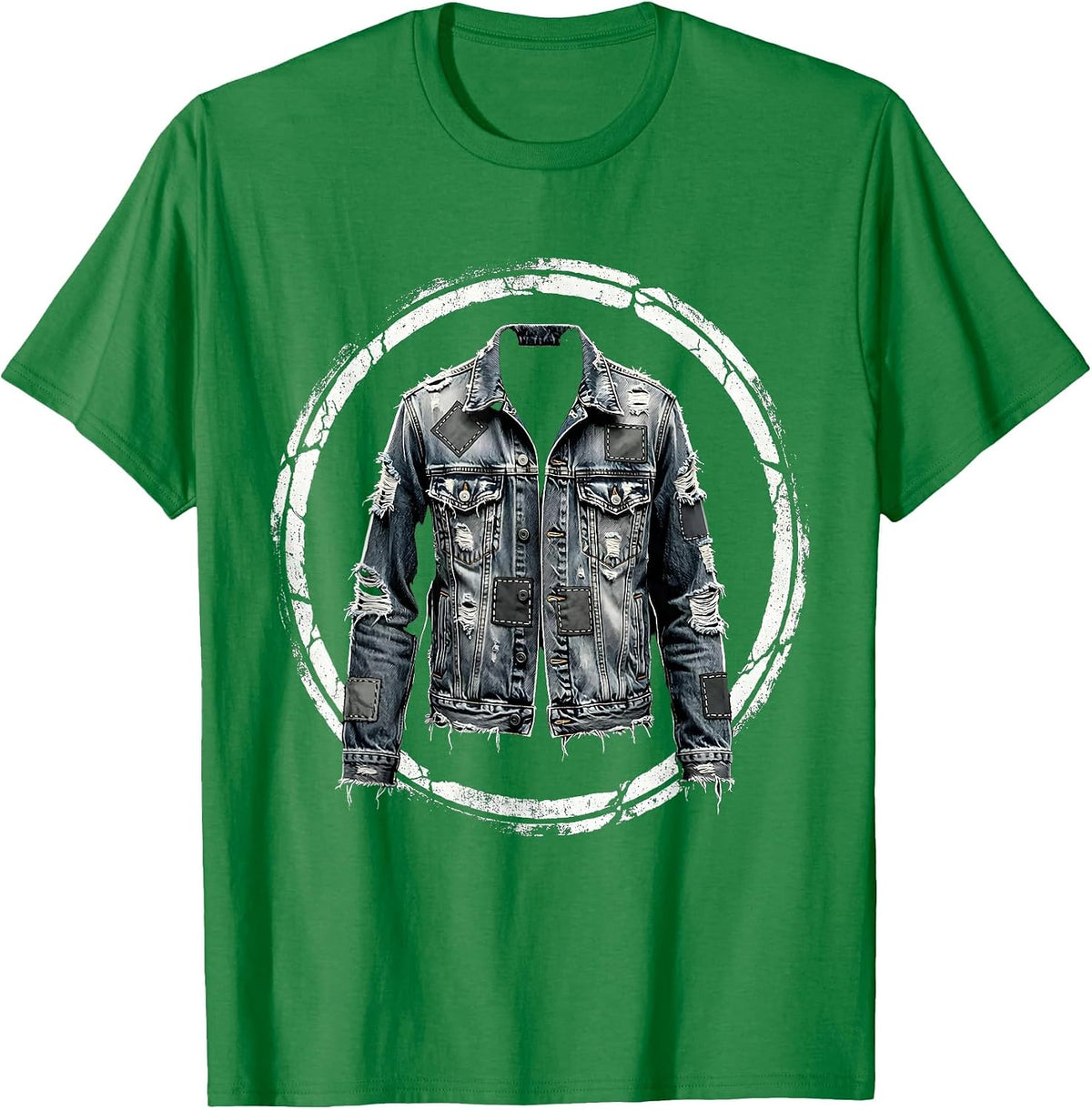 Men's Grunge Patched Denim Jacket Illustration T-Shirt - Kelly Green