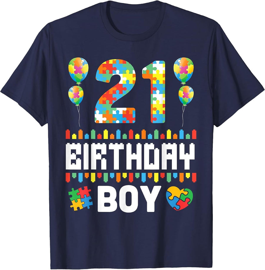 Puzzle Heart Balloons Happy Birthday Autism 21 Years Old Boy T-Shirt - Navy Blue