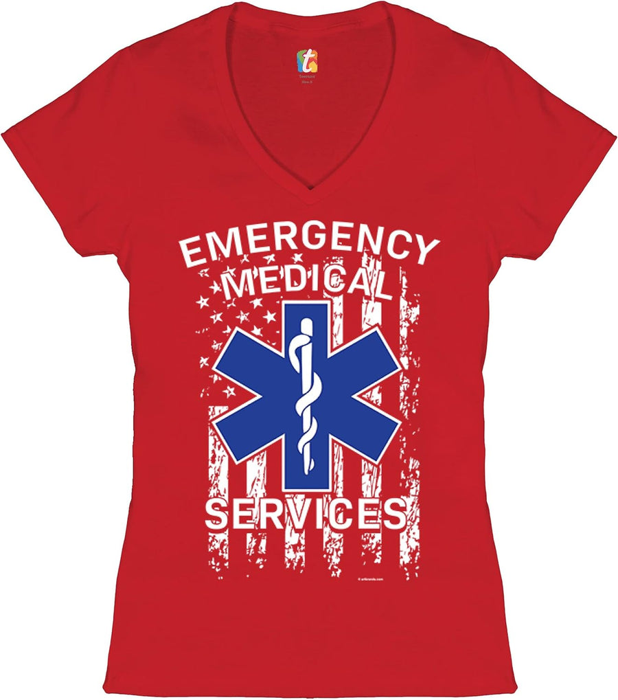 Emergency Medical Services Women's V-Neck T-Shirt American Flag EMS EMT Tee - Red