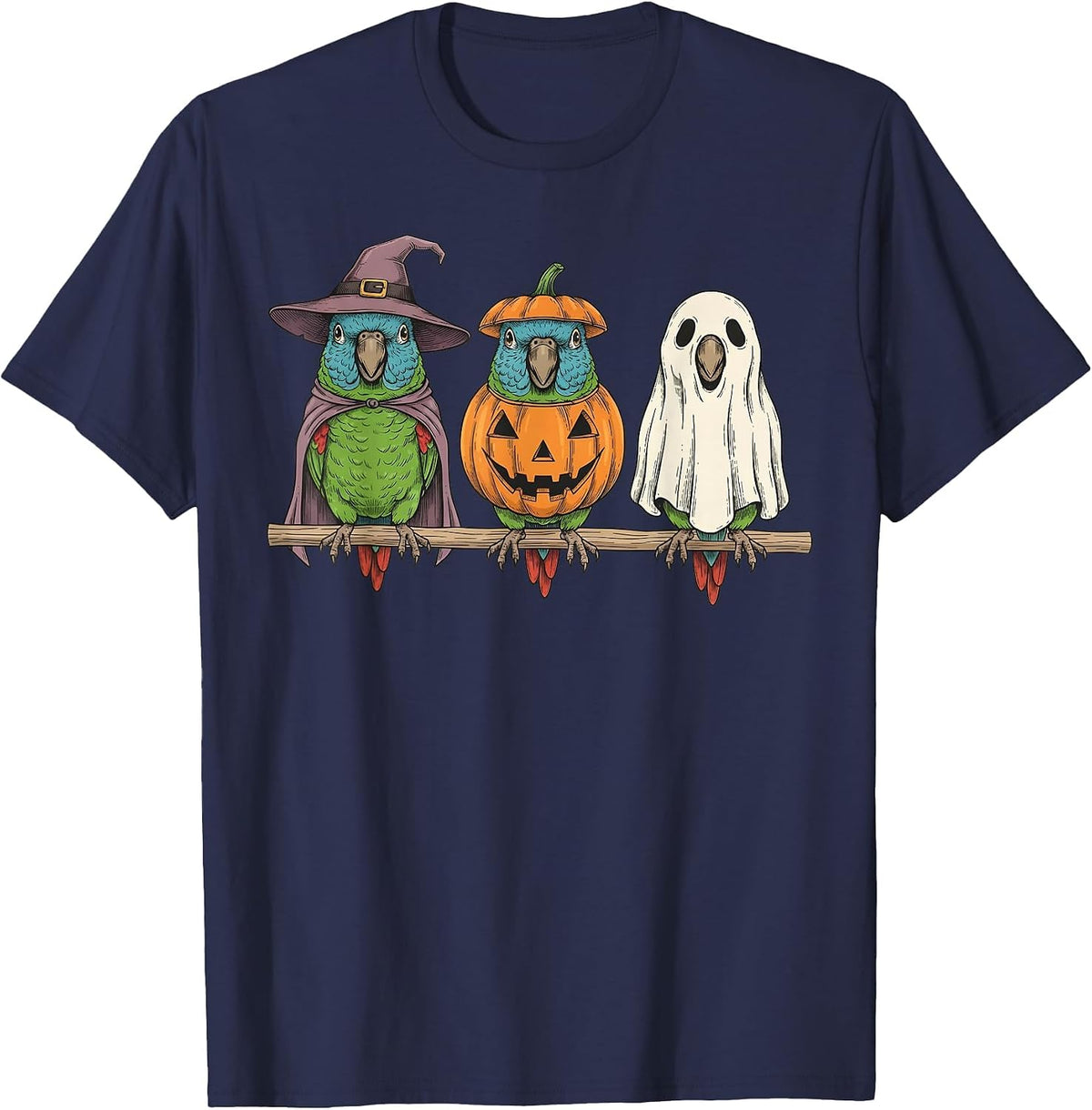 Spooky Ghost Blue Crowned Conure Parrot Pumpkin Halloween T-Shirt - Navy Blue