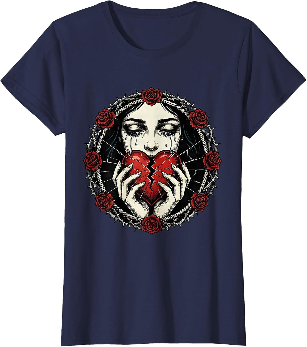 Women's Emo Broken Heart Glass Shard Illustration T-Shirt - Navy Blue