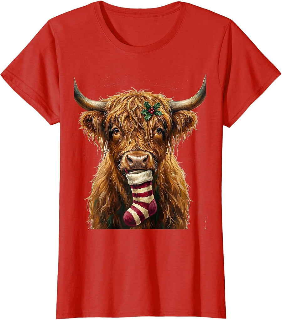 Women's Shaggy Highland Cow Christmas Stocking Holiday Humor T-Shirt - Red