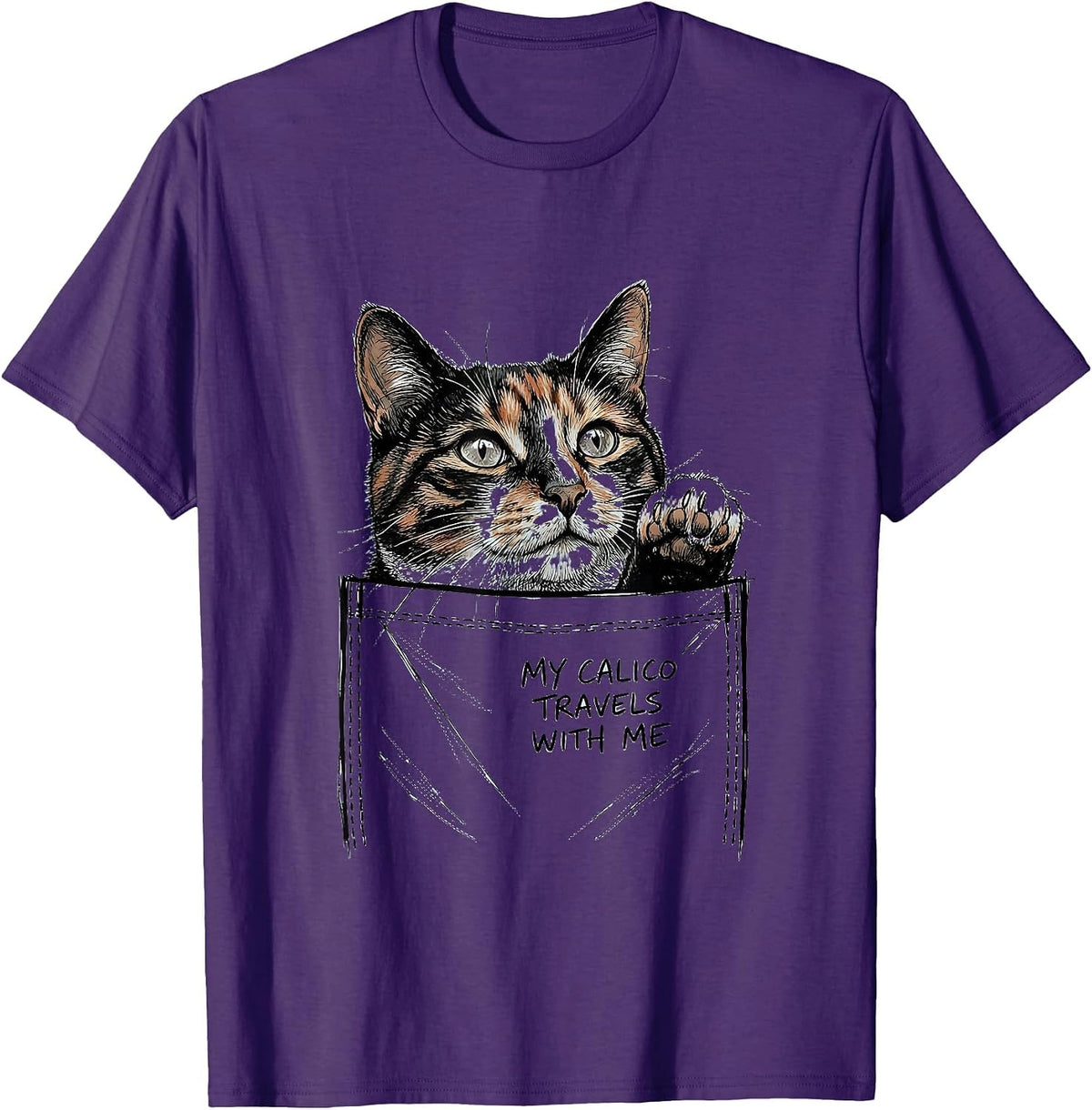 My Calico Travels With Me Cute Cat Lover Hand-Sketched Pet T-Shirt - Purple