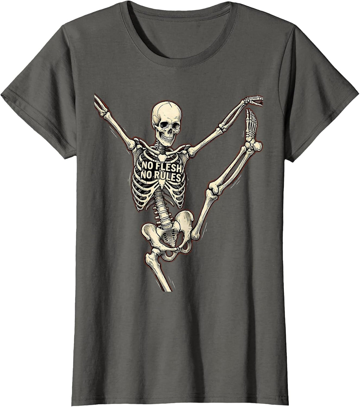 Women's Dancing Skeleton No Flesh No Rules Graphic Design T-Shirt - Asphalt Grey
