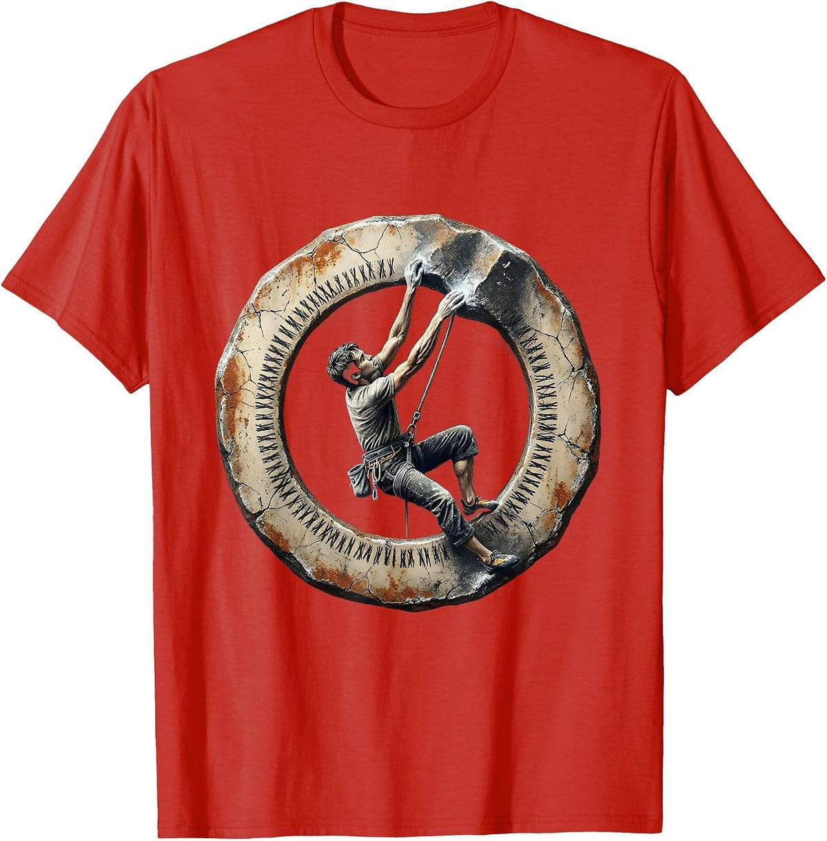 Men's Strained Climber Badge Distressed Rock Climbing Bouldering T-Shirt - Red