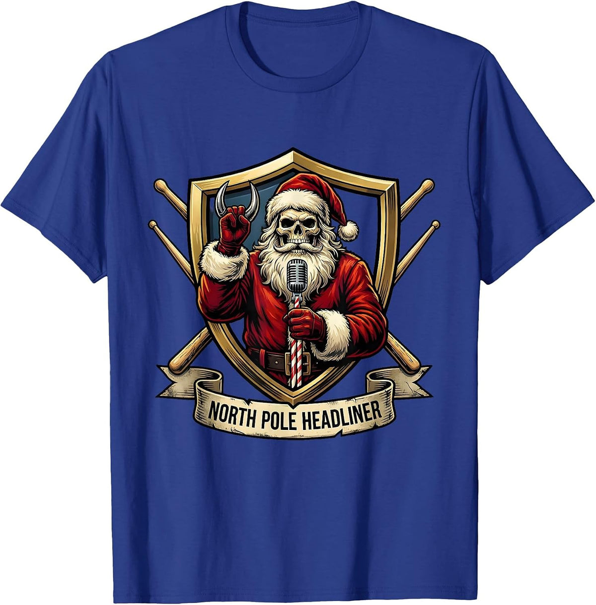 Men's North Pole Headliner Heavy Metal Santa Rock On Christmas T-Shirt - Royal Blue