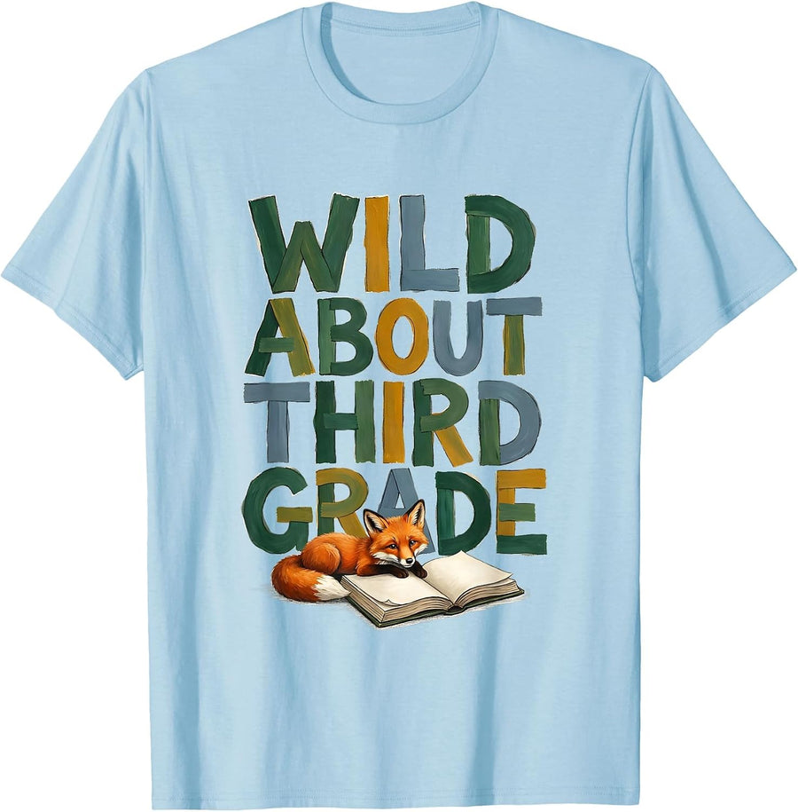 Men's Wild About Third Grade Storybook Teacher Animal Print School T-Shirt - Baby Blue