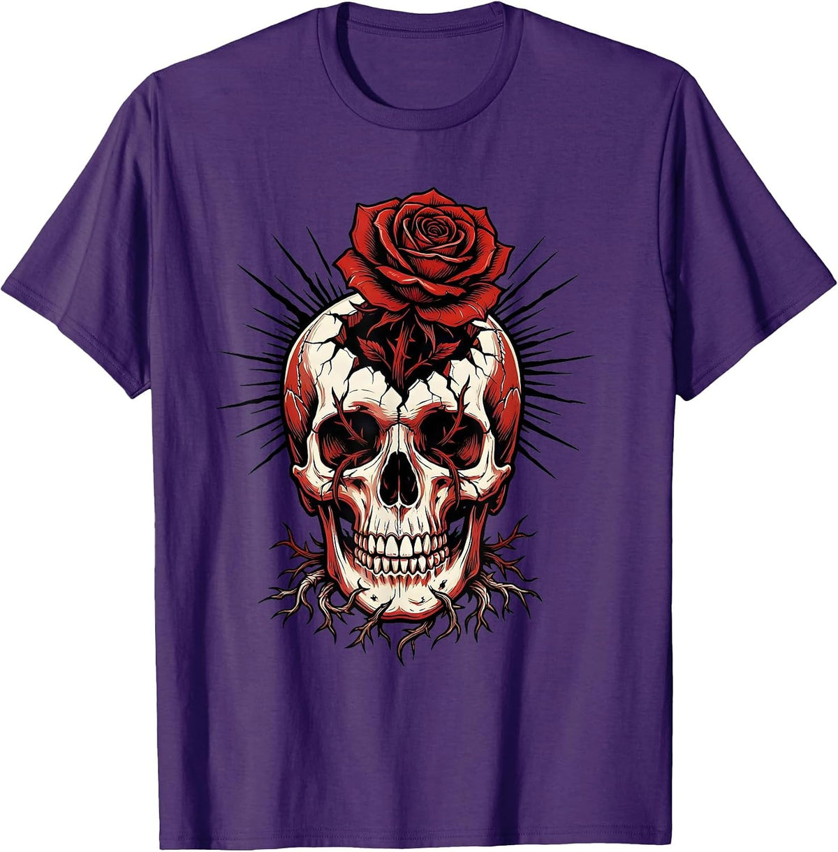 Emo Flower Cracked Skull Graphic Tee T-Shirt - Purple