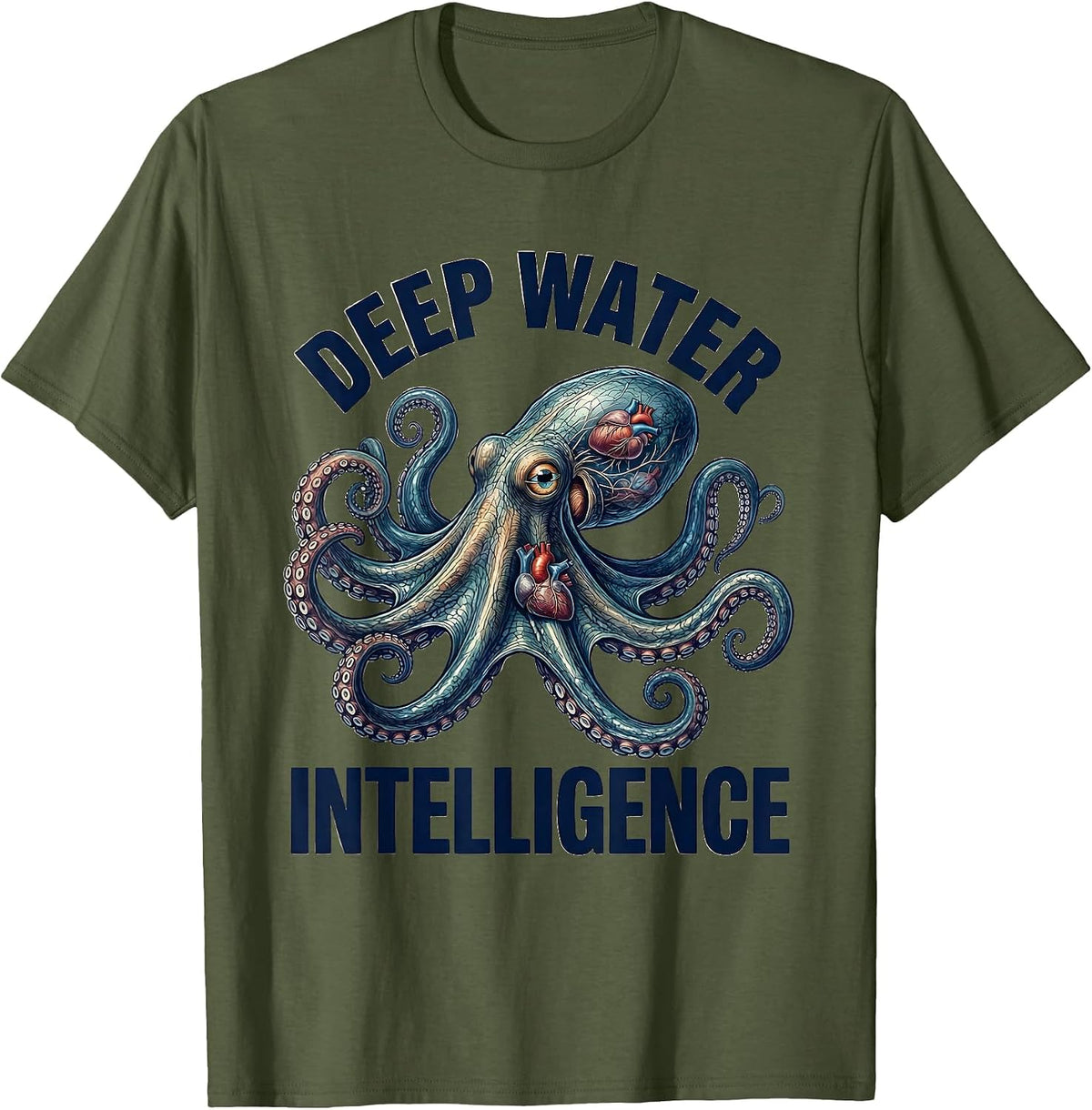 Deep Water Intelligence Botanical Octopus Sea Creature Humor T-Shirt - Olive Green