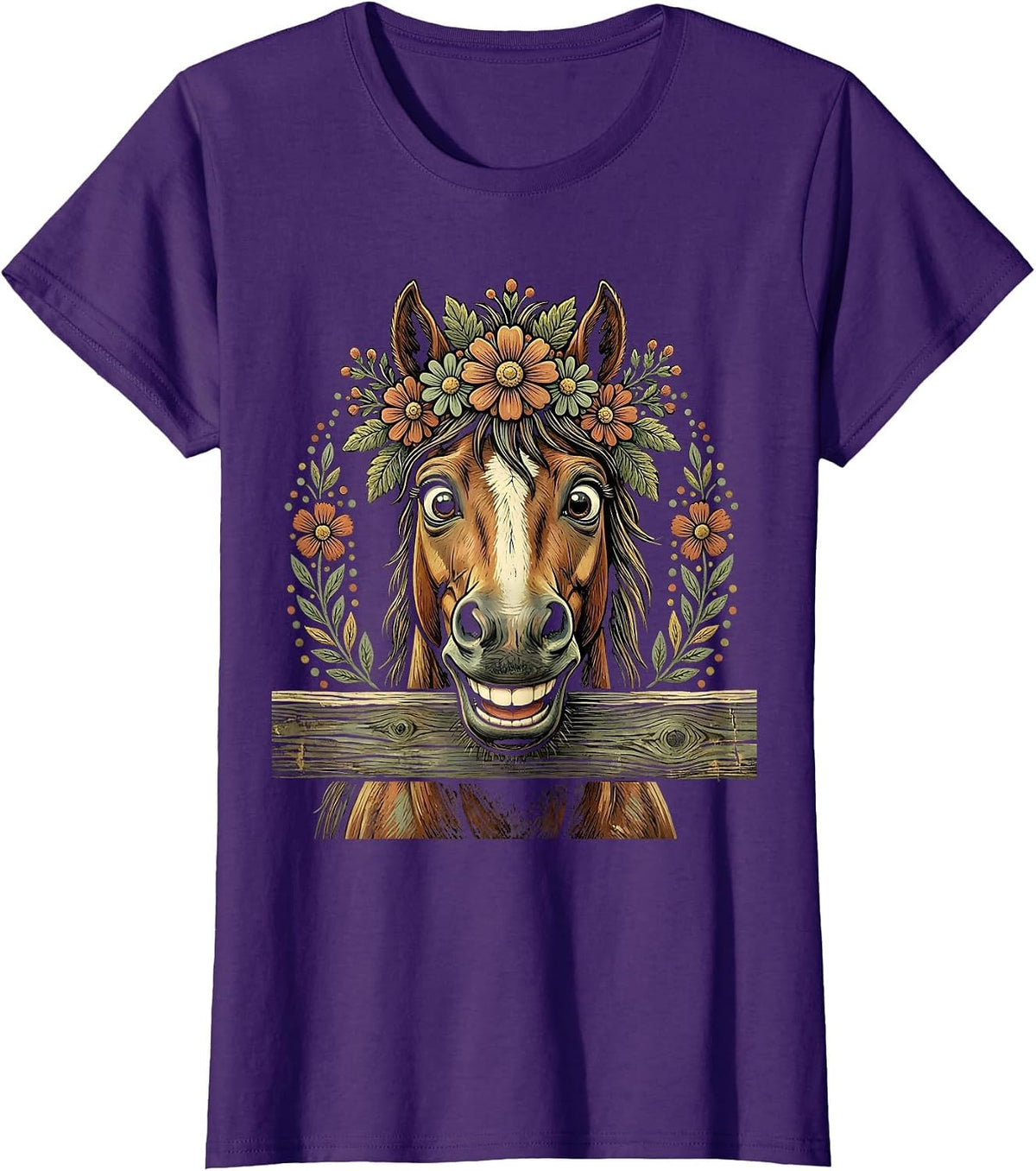 Smiling Horse Peeking Over Fence Cowgirl Design T-Shirt - Purple