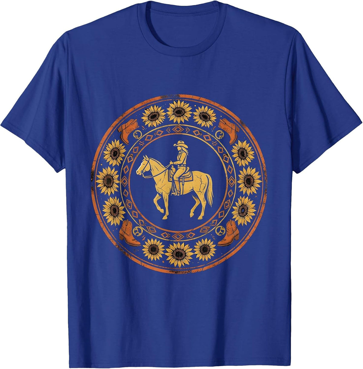 Cowgirl Silhouette Horseback Riding at Dusk T-Shirt - Royal Blue